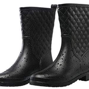 Petrass Ladies Rain Boots Black Waterproof Mid Calf Light-weight Cute Booties Style Out Work Comfy Backyard Footwear