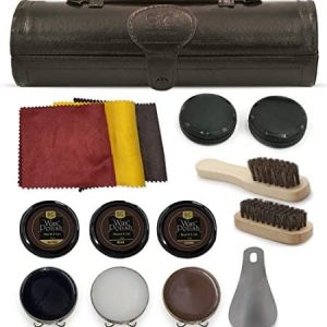 Stone & Clark 12PC Shoe Polish & Care Kit, Leather Shoe Shine Kit with Brown Wax, Shoe Brushes for Polishing, Compact Shoe Cleaning Kit with Horse Hair Brushes & PU