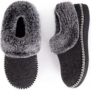 EverFoams Women’s Luxury Wool Slippers with Fluffy Faux Fur Collar and Handmade Lace Decor